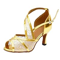 TDA Women's Ankle Strap Peep Toe Mesh Synthetic Salsa Tango Ballroom Latin Modern Dance Wedding Shoes