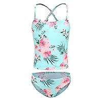Girls Two Piece Tankini Swimsuit Green Floral Bathing Suit Swimwear