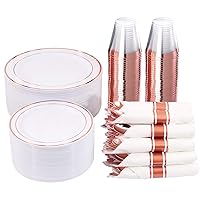 WELLIFE 350 Pieces Rose Gold Plastic Dinnerware, 50 Guests Disposable Plates with Rose Gold silverware and Cups 9 OZ, 50 Pre Rolled Napkins with Rose Gold Cutlery, Perfect for Wedding for Mothers Day