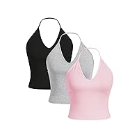 Floerns Women's 3 Pcs Plus Size Casual Solid Backless Halter V Neck Tank Top