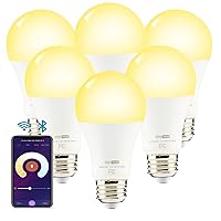 HVS Smart Light Bulbs, 6 Packs 9W A19 E26 Dimmable Tunable Cool Warm White LED Light Bulb 2500k-6500k, APP Control 2.4GHz WiFi(Only) Bluetooth Assist Connection, Work with Alexa/Google Assistant