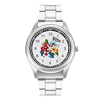 Aloha Hawaiian Flower Puerto Rico Flag Quartz Watch with Stainless Steel Band Casual Classic Wrist Watch for Men Women