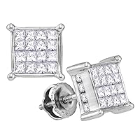 The Diamond Deal 14kt White Gold Womens Princess Diamond Square Cluster Earrings 1-1/2 Cttw
