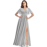 Women's V-Neck Flutter Sleeve Bridesmaid Dresses with Pockets A-Line Long Chiffon Formal Party Dress