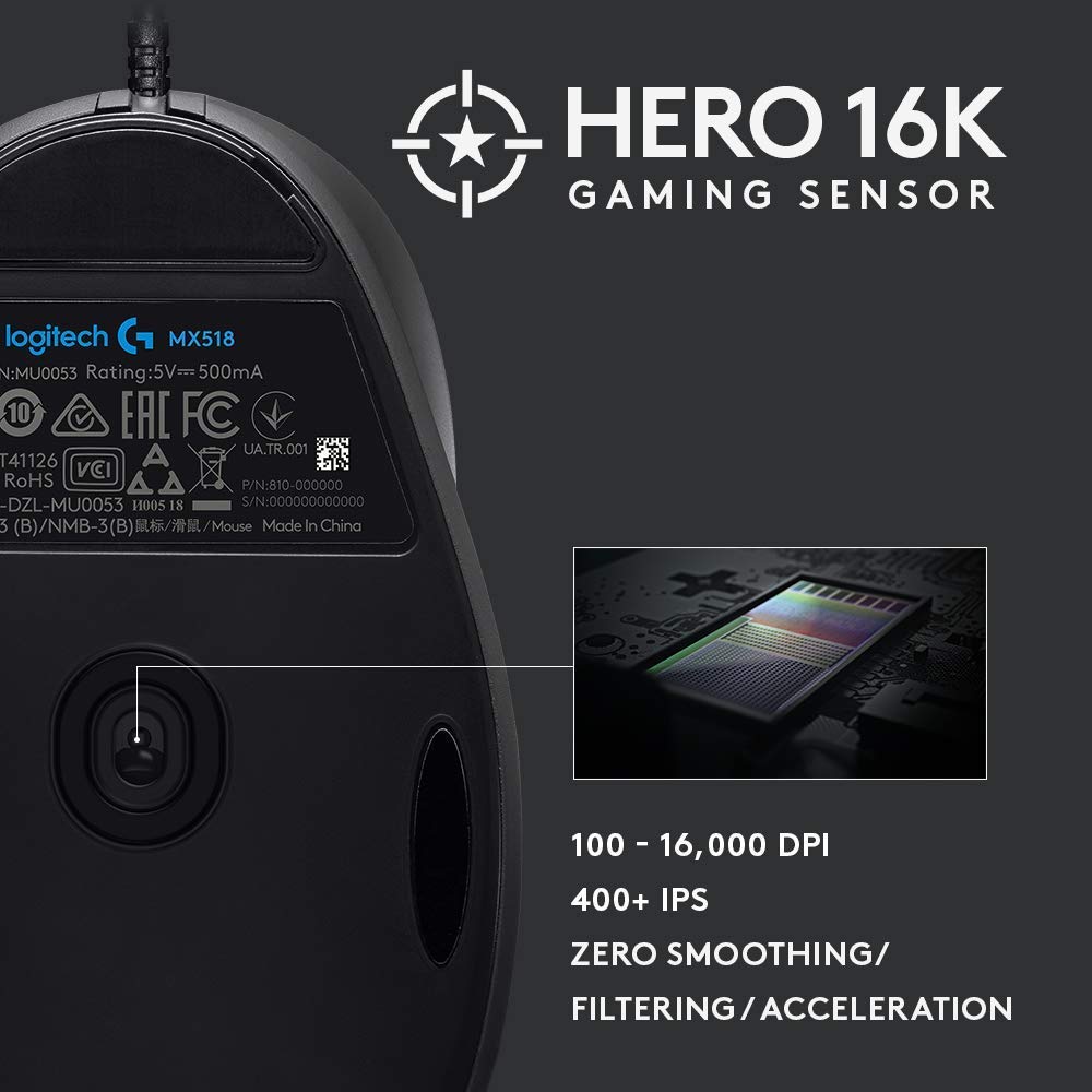 Logitech G MX518 Gaming Mouse Hero 25K Sensor, 25,600 DPI, ARM-Processor, 8 Programmable Buttons - Black/Grey