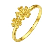 999 24K Solid Gold Flora Ring Blessing Flower Finger Ring 2 Flowers Pure Gold Jewellery Gift(Size: 10-16)