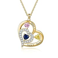 MRENITE 10K 14K 18K Gold Personalized Heart Shaped Birthstones Necklaces Engrave 1-4 Names Anniversary Birthday Jewelry Gift for Her
