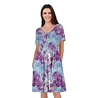 Women's Short Sleeve Empire Knee Length Dress with Pockets Purple Florals