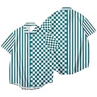 Patchwork Striped Plaid Print Short Sleeved Summer Men Novelty Loose Hip Hop Shirt Top Clothing Button Up