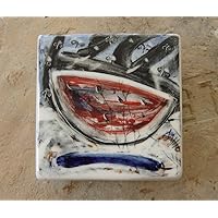 Blue Cucumber - Handmade Porcelain Tile - Azulejo Wall Decor - Fine Art Ceramics - Red, Blue, Black - 11x11 cm - Unique Home Accent