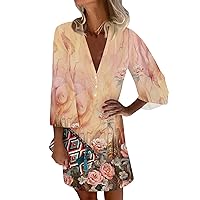 Summer Dresses for Women 2024 Casual V Neck Button Down 3/4 Sleeve Floral Print Loose Flowy Shirt Dress