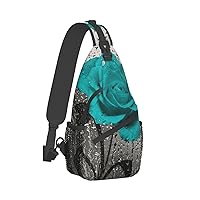 Teal Gray Rose Flower Print Trendy Casual Daypack Versatile Crossbody Backpack Shoulder Bag Fashionable Chest Bag