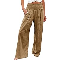 UOFOCO Women's Flowy Wide Leg Comfy Linen Pants 2024 Summer Trendy High Waisted Baggy Palazzo Trousers with Pockets Cheap Clearance Khaki XX-Large