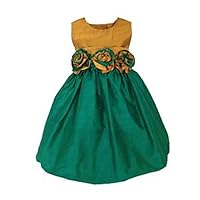 Girls Silk Bubble Dress with Gold Top and Emerald Green Skirt with Flowers