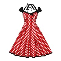 Women Vintage Polka Dot Dress Halter Cap Sleeve Button Front Evening Party Ladies Dresses