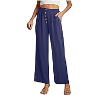 Loose Wide Leg Pants Womens Button Decorative High Waist Dressy Trousers Elastic Back Casual Work Pants with Pockets