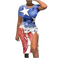 4th of July Dress Women American Flag Patriotic Dresses Sexy Short Sleeve Drawstring Side Split Bodycon Ruched Midi Dress