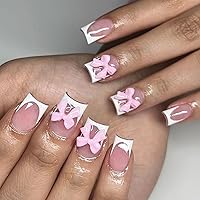 White French Tip Press on Nails with Pink Bow Designs Short Square Fake Nails Glue on Nails Glossy Nude Pink Manicure Art Acrylic Cute False Nails Stick on Nails for Women Girls 24Pcs