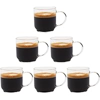 Espresso Cups (4 Ounce) with Large Handle, Set of 6 - Glass Coffee Cups for Nespresso Lungo, Double Espresso, Cortado
