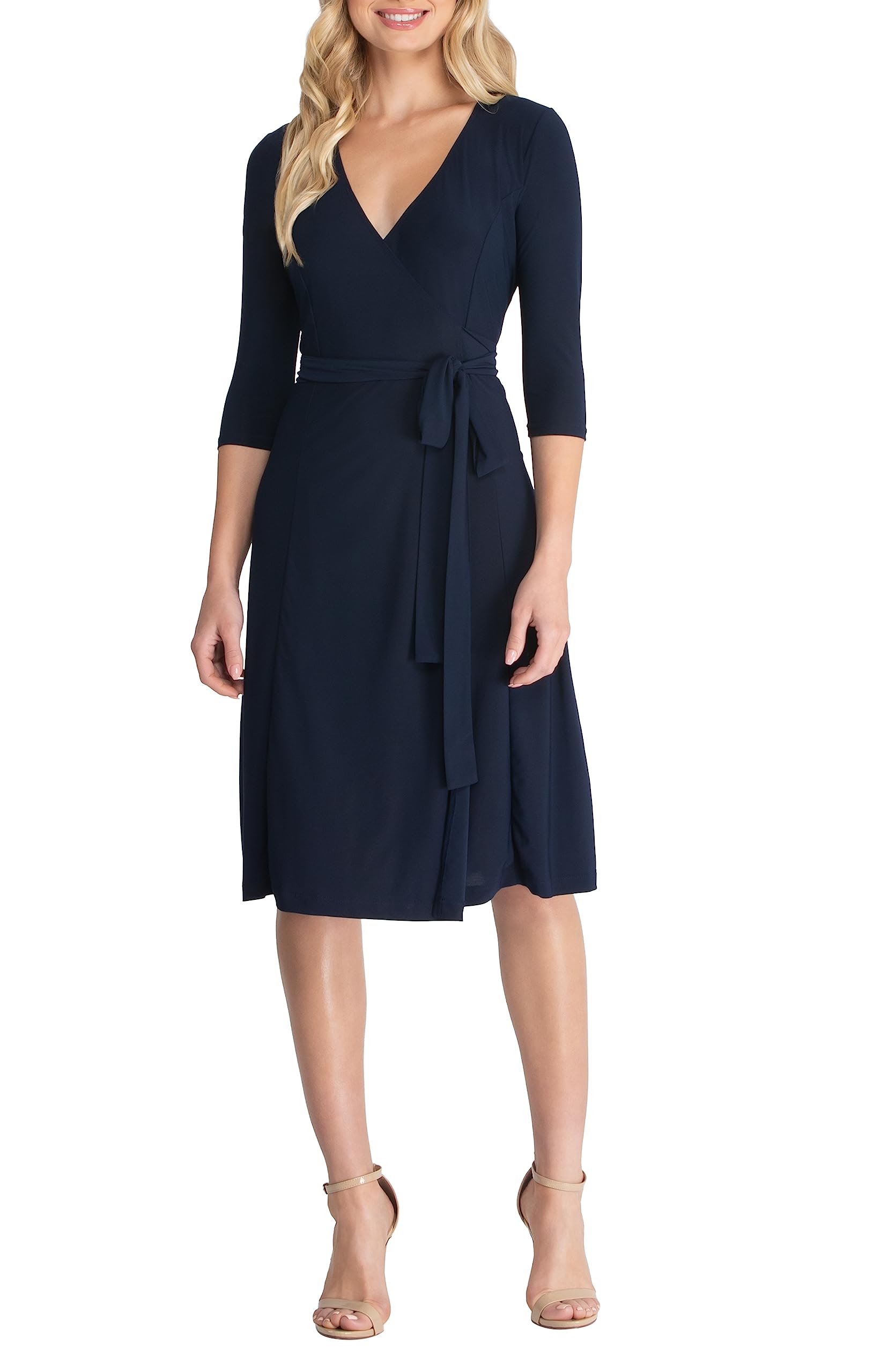 Kiyonna Plus Size Essential Midi Wrap Dress with Sleeves | Cocktail, Party, Wedding Guest or Work