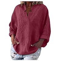 Trendy Tops for Women 2023 2024 Solid Linen Long Sleeve Shirt Blouse V-Neck Casual Tee Tunic Classic Fall Holiday
