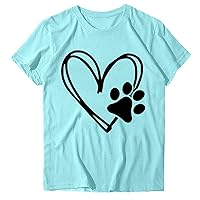 Women Dog Paw Love Heart Print T-Shirt Cute Dog Mom Short Sleeve Tee Shirt Dog Lover Shirts Crewneck Casual Blouse