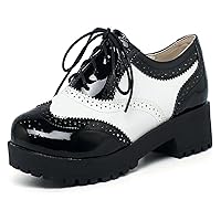 Women's Block Heel Oxford Shoes Vintage Dress Shoes Platform Wingtip Oxford Shoes Lace Up Chunky Heel Shoes Fashionable and Comfortable Women's Shoes