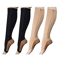 2 Pair Zip Compression Socks Medical Toeless with Zipper Easy to put on off 15-20 mmHg for Edem, Varicose Veins, Swollen Sore
