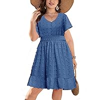 Fisoew Women's Plus Size Mini Dress Summer Short Sleeve V Neck Swiss Dot Dresses A-Line Ruffle Tiered Smocked Short Dress