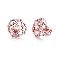 Sterling Silver Rose Flower Earring Gifts for Mother's Day Blooming flower Stud Earrings With Solitaire lab diamond Dainty Jewelry