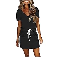 Women's Solid Color Swing V-Neck Glamorous Dress Casual Loose-Fitting Summer Short Sleeve Knee Length Beach Flowy
