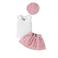 Toddler Baby Girl Skirts Outfit Spring Summer Clothes Ribbed Knit Vest Top+Plaid Mini Skirts+Beret Hat Set 3Pcs