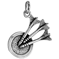 Sterling Silver Darts on Dartboard Necklace for Men & Women Oxidized Antique Finish 3/4 inch with 1mm Box_Chain