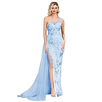 Sequin Mermaid Prom Dresses Long One Shoulder Evening Gowns Split Formal Dress with Train