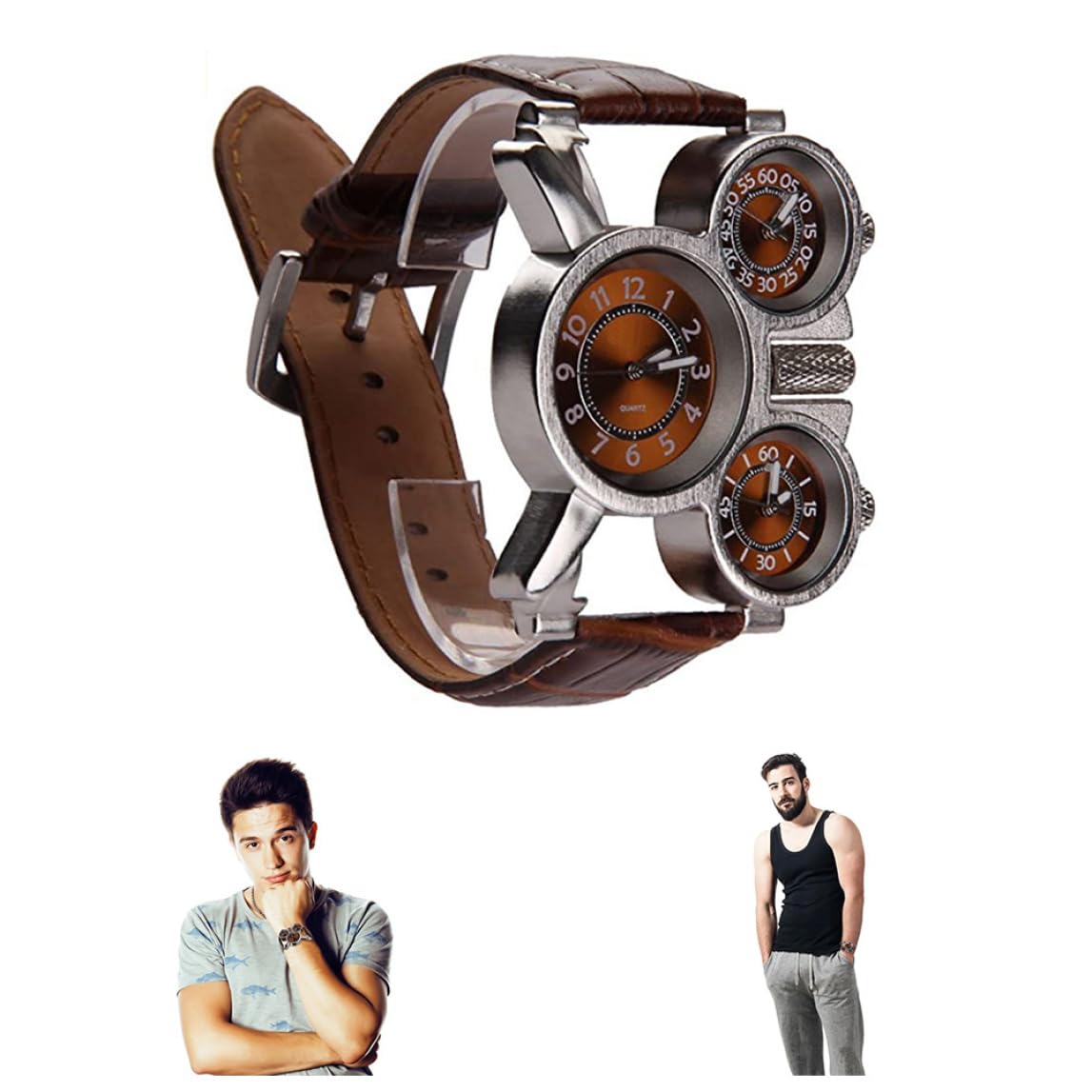 XJKLBYQ Mens Big Face Watch, Time Zone Leather Strap Sport Watch, 3 Analog Quartz Wrist Watch Leather Strap Watch Brown