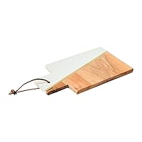 Main + Mesa Boho 2-Tone Marble and Acacia Wood Charcuterie or Cutting Board with Brass Inlay and Leather Tie, White and Natural