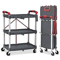 Towallmark Portable Folding Service Cart, 3 Tier Folding Utility Cart, Collapsible Utility Carts for Office, Warehouse, and Home, 56 Lbs Load Capacity per Shelf (Grey & Red)