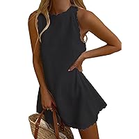 Sunloudy Halter Scallop Sleeveless Tank Dress for Women Linen V-Neck Short Dress A-line Hem Flowy Beach Dress