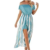 Summer Off Shoulder Dress for Women, Patchwork Slit Long Sundress Sexy Classy Beach Vacation Sun Dresses Trendy Dress