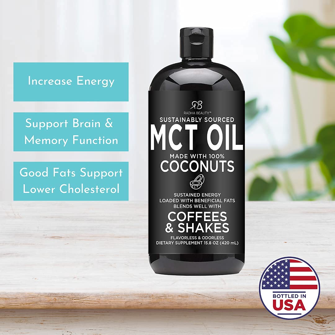 Radha Beauty Premium MCT Oil Made only from Non-GMO Coconuts - 15.8oz. Keto, Paleo, Gluten Free and Vegan Approved.