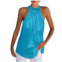 Womens Fashion Sparkly Cold Shoulder Halter Tank Tops Summer Casual Dressy Elegant Sleeveless Crewneck Tunic Shirts