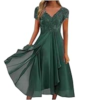 YUTANRAL Womens Cocktail Dresses for Wedding Guest Evening Party Plus Size Summer Dresses Laides Dressy Spring Fashion Clothing Sexy Lace Floral V-Neck Short Sleeve Midi Dress(C Green,X-Large)