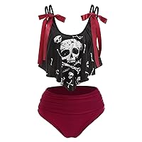 DRESSFO Women's Bikini Set High Waisted Bikini Two Piece Bathing Suit Tummy Control Tankini Gothic Skull Swimsuit