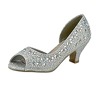 Girls Fashion Kitten Heels - Glittering Rhinestone Dress Shoes for Kids - Peep Toe Low Pump Sandals for Fancy Events - Great for Weddings, Pageants, Church, and More