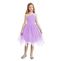 CHICTRY Kids Girls One Shoulder Tulle Dress Sequins Sleeveless Asymmetrical Hem Wedding Party Gown