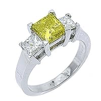 14k White Gold Fancy Yellow Princess Cut 3 Stone Diamond Ring 2.50 Carats