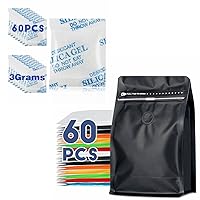 60pcs 8oz 1/2 lb Black Coffee Bags with Valve+60 Packs 3 Grams Silica Gel Packs Desiccant Packets for Storage, Transparent Desiccant