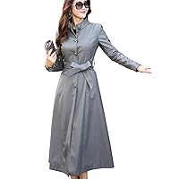 Flygo Women's Single-Breasted Long Faux Leather Jacket with Belt