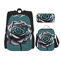 3-In-1 Backpack Bookbag Set,Teal Gray Rose Flower Print Casual Travel Backpacks,With Pencil Case Pouch, Lunch Bag