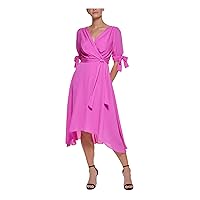 DKNY Womens Pink Zippered Pleated Tie Cuffs Belted Hi-lo Hem Lined Elbow Sleeve V Neck Midi Wear to Work Faux Wrap Dress 14